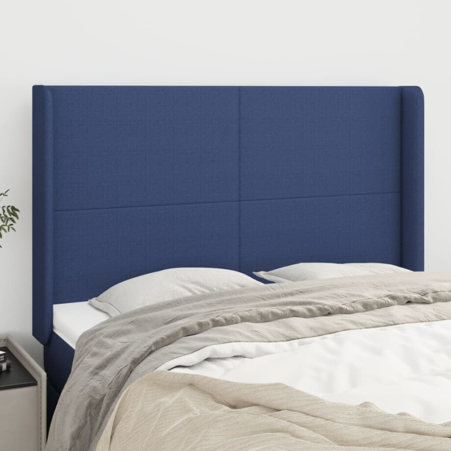 vidaXL Hoofdbord met randen 147x16x118/128 cm stof blauw vidaXL Hoofdbord met randen 147x16x118/128 cm stof blauw afbeelding 1