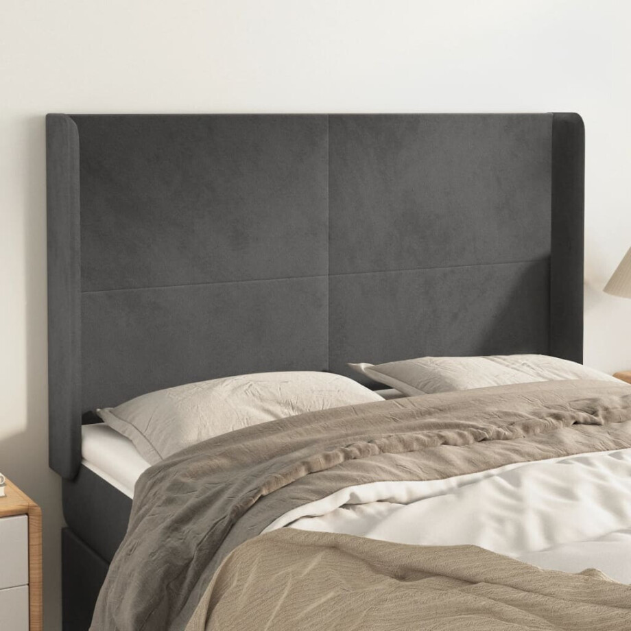 vidaXL Hoofdbord met randen 147x16x118/128 cm fluweel donkergrijs afbeelding 1