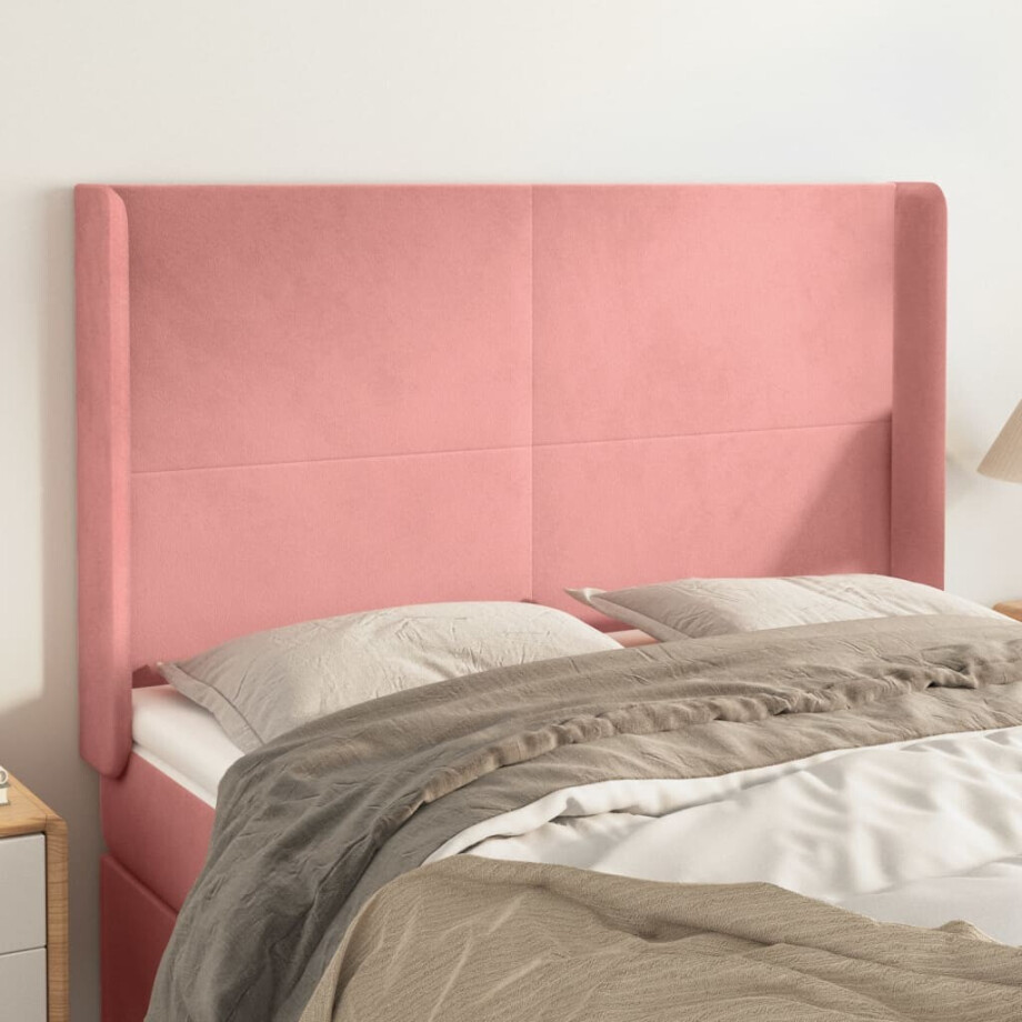 vidaXL Hoofdbord met randen 147x16x118/128 cm fluweel roze afbeelding 1