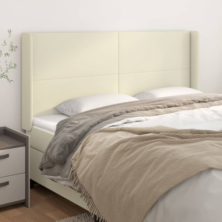 vidaXL Hoofdbord met randen 163x16x118/128 cm kunstleer crèmekleurig afbeelding 1