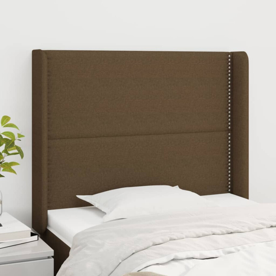 vidaXL Hoofdbord met randen 93x16x118/128 cm stof donkerbruin vidaXL Hoofdbord met randen 93x16x118/128 cm stof donkerbruin afbeelding 1