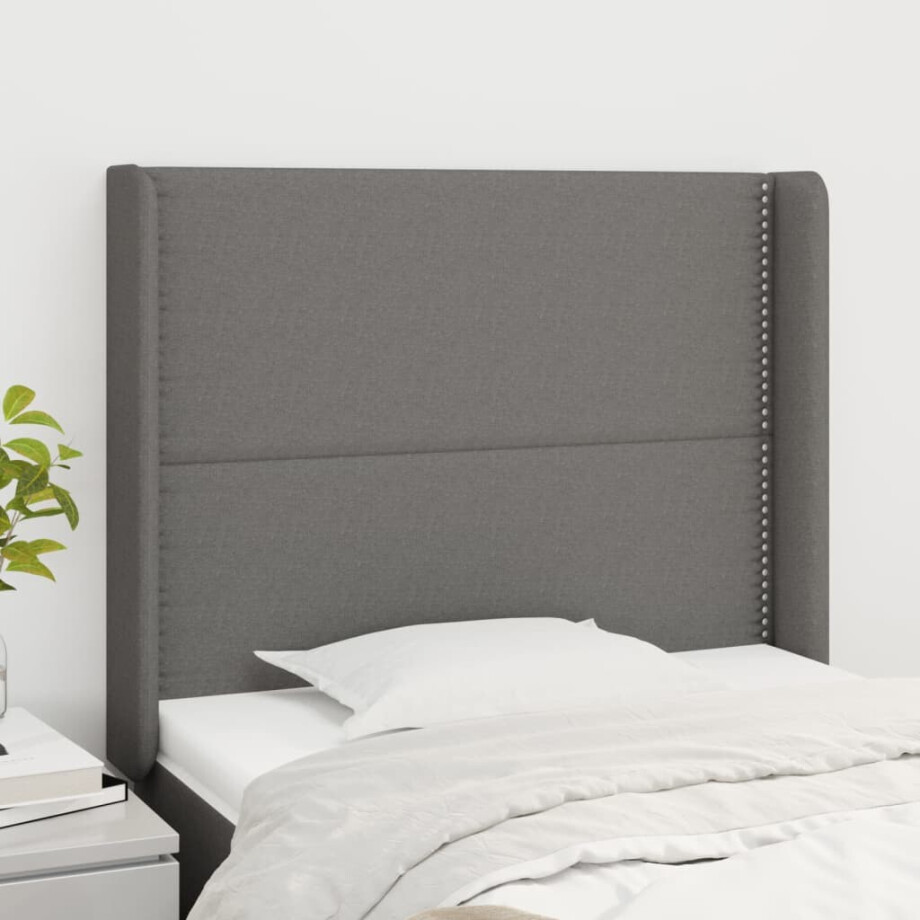 vidaXL Hoofdbord met randen 103x16x118/128 cm stof donkergrijs afbeelding 1