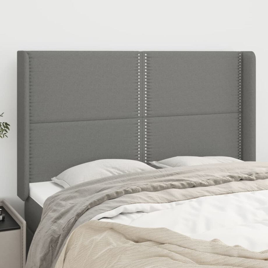vidaXL Hoofdbord met randen 147x16x118/128 cm stof donkergrijs vidaXL Hoofdbord met randen 147x16x118/128 cm stof donkergrijs afbeelding 1