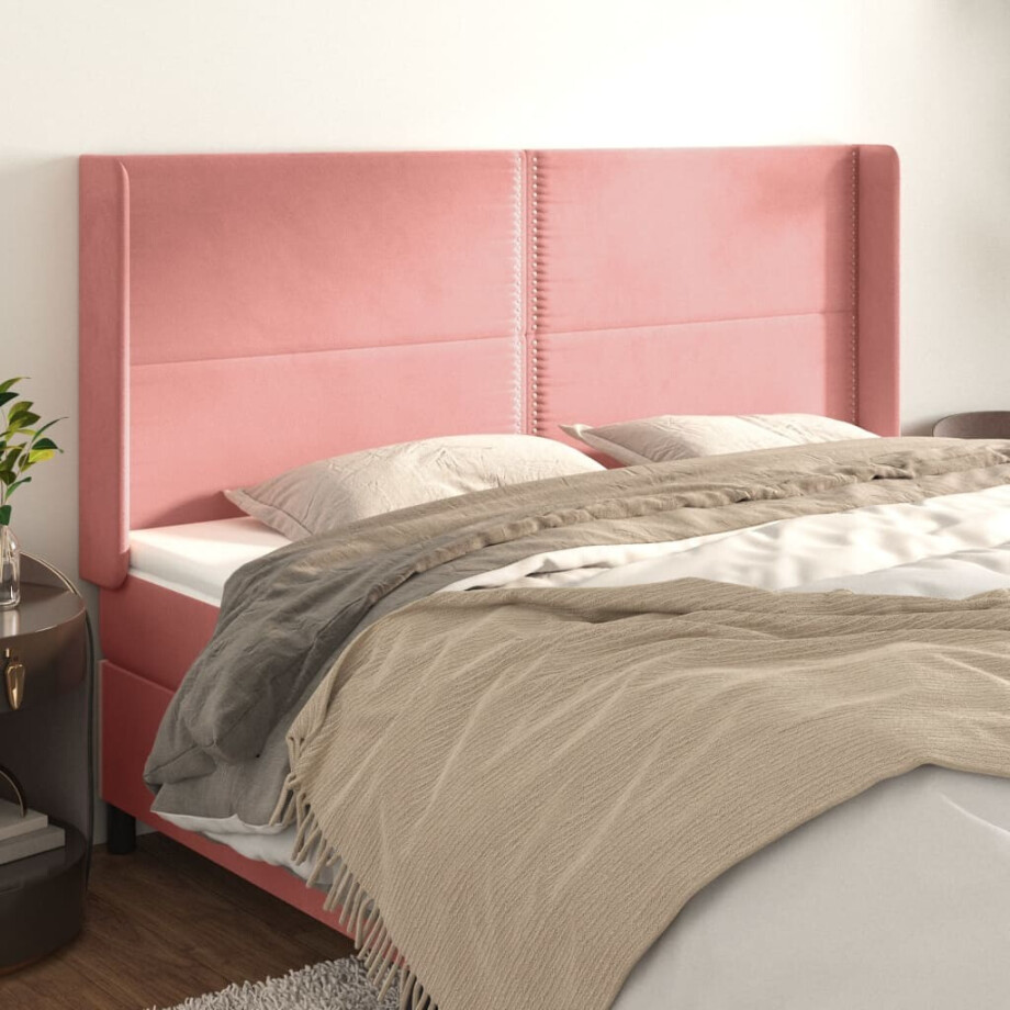 vidaXL Hoofdbord met randen 203x16x118/128 cm fluweel roze afbeelding 1