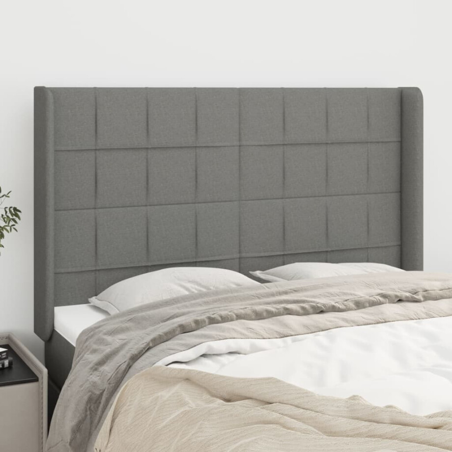 vidaXL Hoofdbord met randen 147x16x118/128 cm stof donkergrijs vidaXL Hoofdbord met randen 147x16x118/128 cm stof donkergrijs afbeelding 1