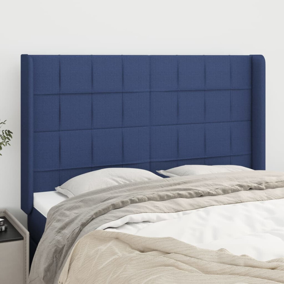 vidaXL Hoofdbord met randen 147x16x118/128 cm stof blauw vidaXL Hoofdbord met randen 147x16x118/128 cm stof blauw afbeelding 1