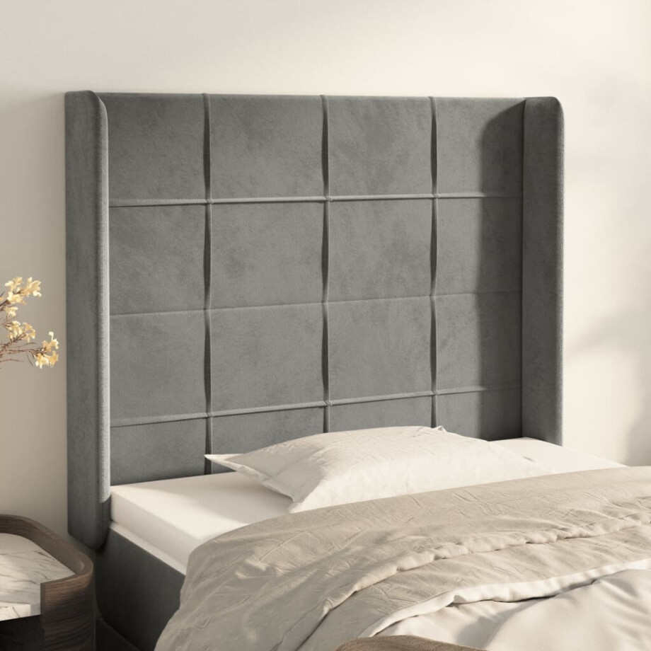 vidaXL Hoofdbord met randen 93x16x118/128 cm fluweel lichtgrijs afbeelding 1