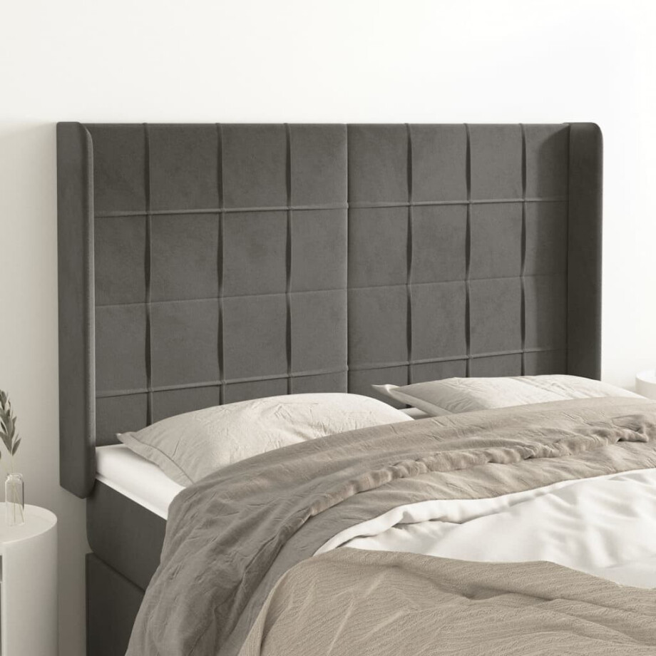 vidaXL Hoofdbord met randen 147x16x118/128 cm fluweel donkergrijs afbeelding 1