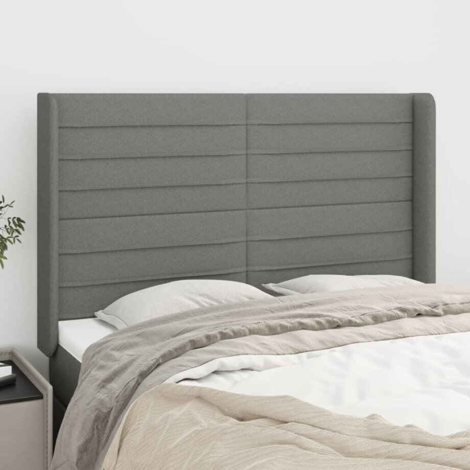 vidaXL Hoofdbord met randen 147x16x118/128 cm stof donkergrijs afbeelding 1