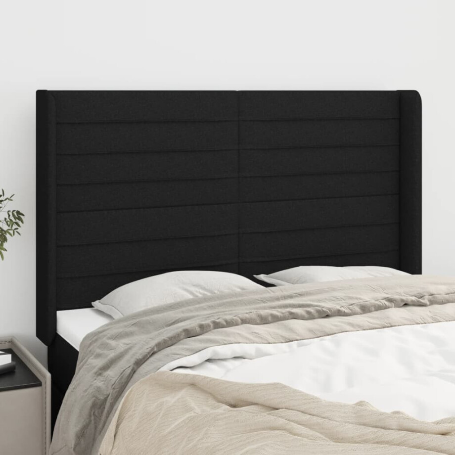 vidaXL Hoofdbord met randen 147x16x118/128 cm stof zwart vidaXL Hoofdbord met randen 147x16x118/128 cm stof zwart afbeelding 1