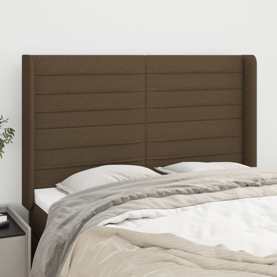 vidaXL Hoofdbord met randen 147x16x118/128 cm stof donkerbruin afbeelding 1