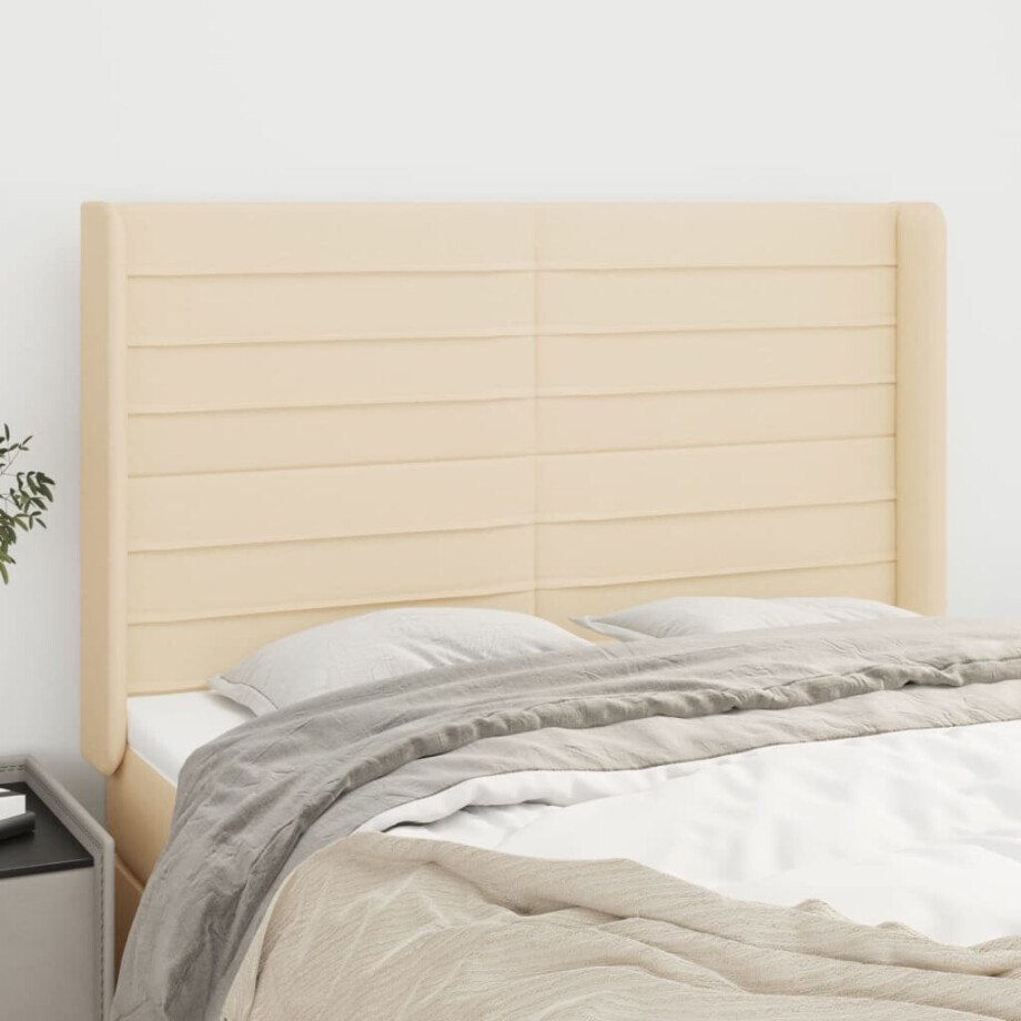 vidaXL Hoofdbord met randen 147x16x118/128 cm stof crèmekleurig afbeelding 1