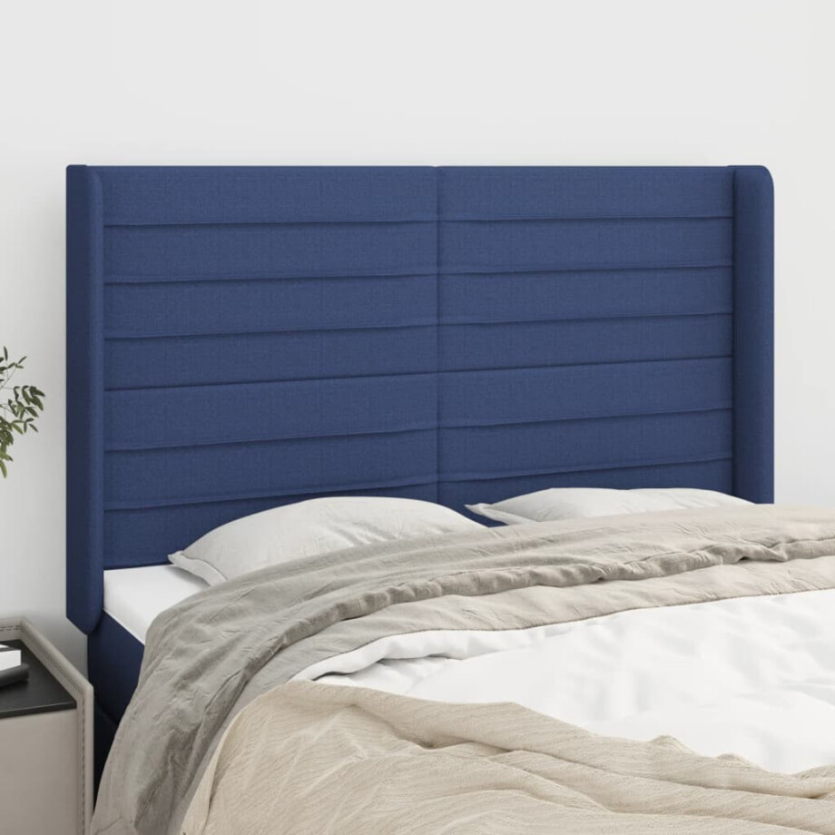 vidaXL Hoofdbord met randen 147x16x118/128 cm stof blauw vidaXL Hoofdbord met randen 147x16x118/128 cm stof blauw afbeelding 1