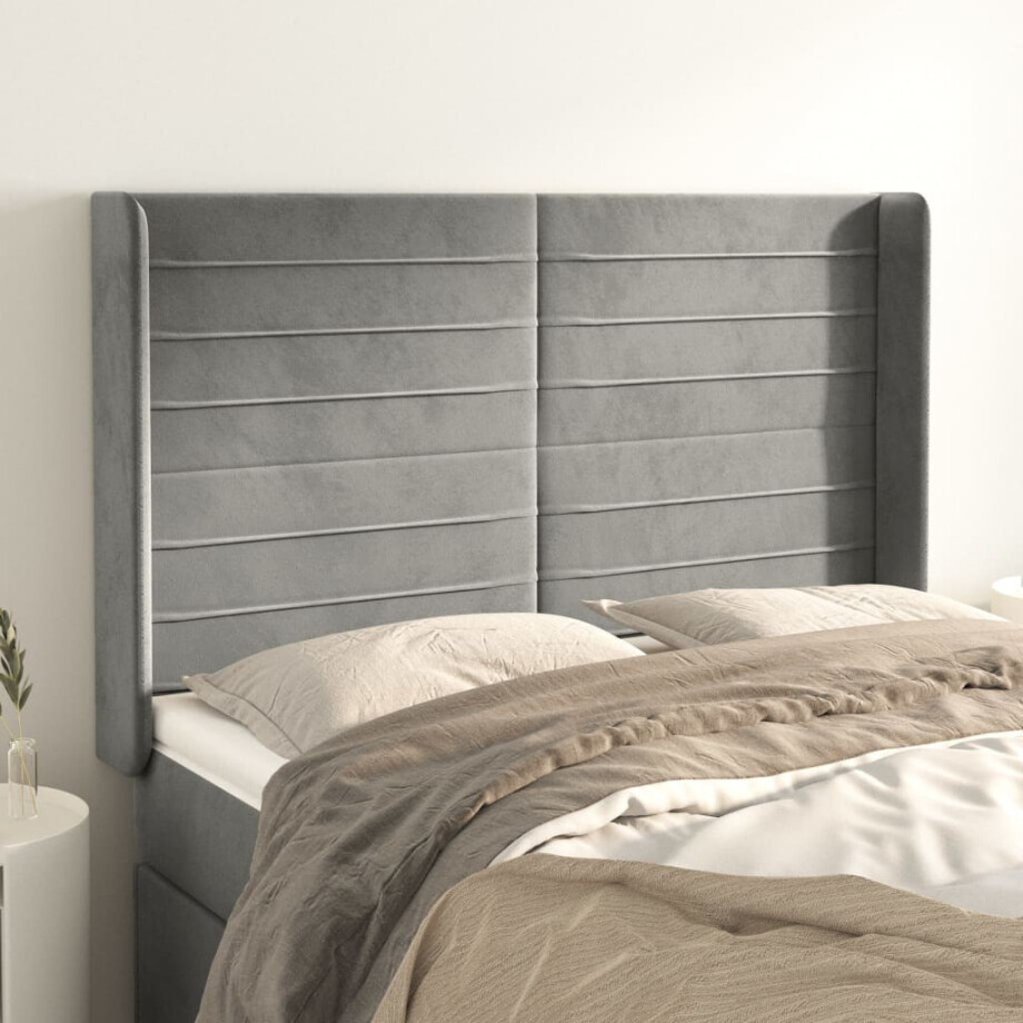 vidaXL Hoofdbord met randen 147x16x118/128 cm fluweel lichtgrijs afbeelding 1