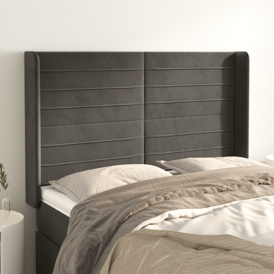 vidaXL Hoofdbord met randen 147x16x118/128 cm fluweel donkergrijs afbeelding 1