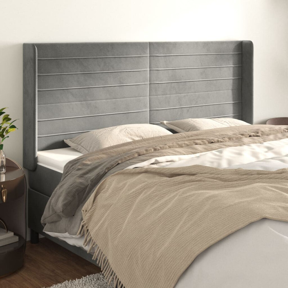 vidaXL Hoofdbord met randen 203x16x118/128 cm fluweel lichtgrijs afbeelding 1