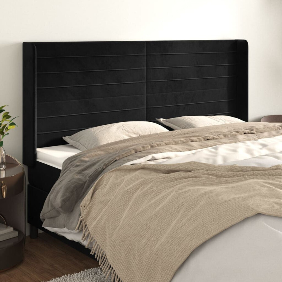 vidaXL Hoofdbord met randen 203x16x118/128 cm fluweel zwart afbeelding 1