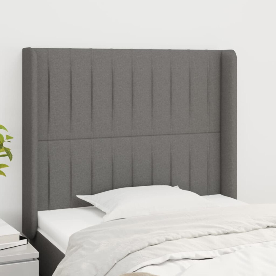 vidaXL Hoofdbord met randen 103x16x118/128 cm stof donkergrijs afbeelding 1