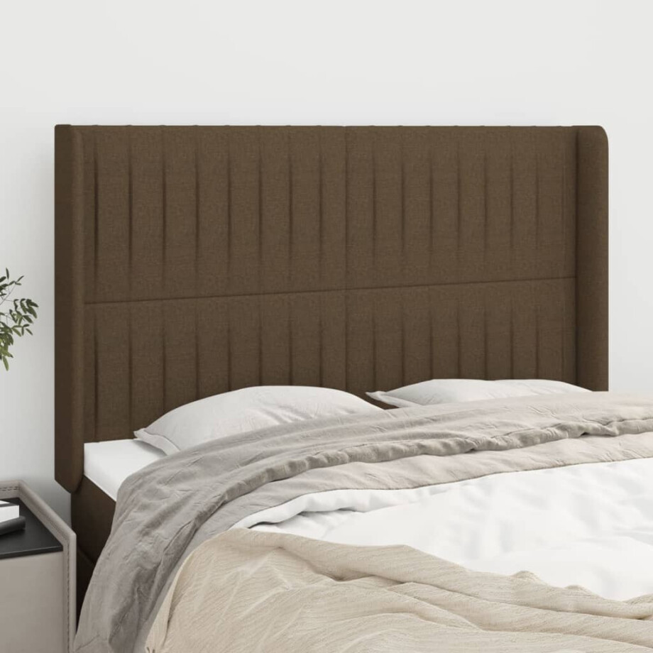 vidaXL Hoofdbord met randen 147x16x118/128 cm stof donkerbruin vidaXL Hoofdbord met randen 147x16x118/128 cm stof donkerbruin afbeelding 1
