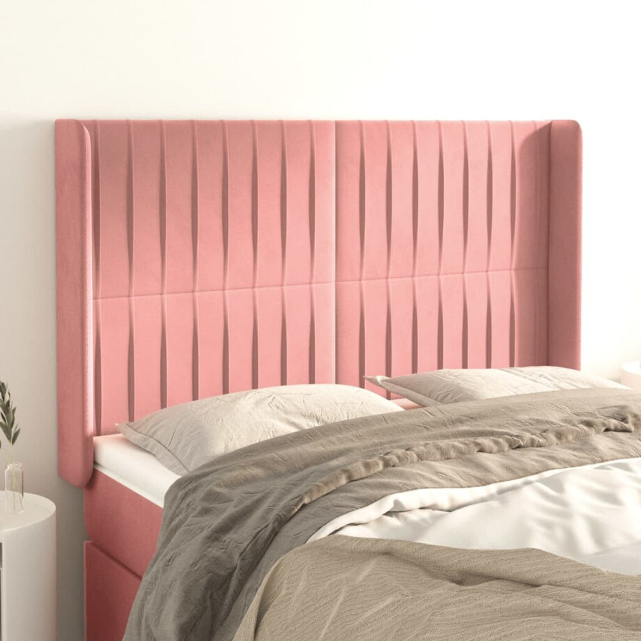 vidaXL Hoofdbord met randen 147x16x118/128 cm fluweel roze afbeelding 1