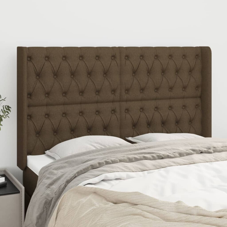 vidaXL Hoofdbord met randen 147x16x118/128 cm stof donkerbruin afbeelding 1