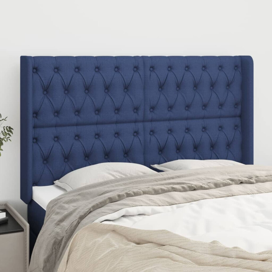 vidaXL Hoofdbord met randen 147x16x118/128 cm stof blauw vidaXL Hoofdbord met randen 147x16x118/128 cm stof blauw afbeelding 1