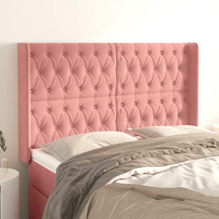 vidaXL Hoofdbord met randen 147x16x118/128 cm fluweel roze afbeelding 1