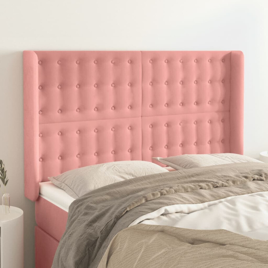 vidaXL Hoofdbord met randen 147x16x118/128 cm fluweel roze afbeelding 1