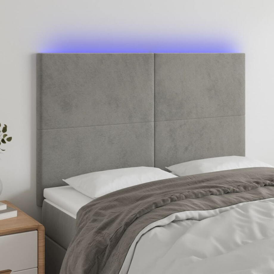 vidaXL Hoofdbord LED 144x5x118/128 cm fluweel lichtgrijs afbeelding 1