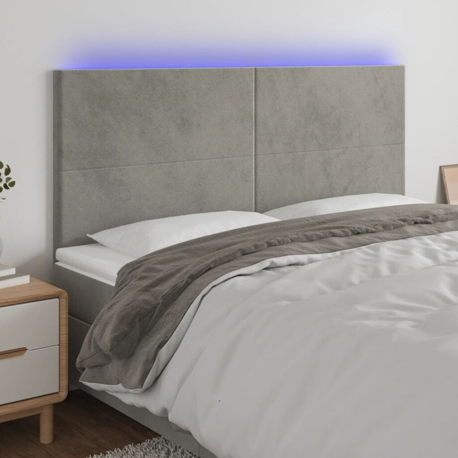 vidaXL Hoofdbord LED 160x5x118/128 cm fluweel lichtgrijs afbeelding 1