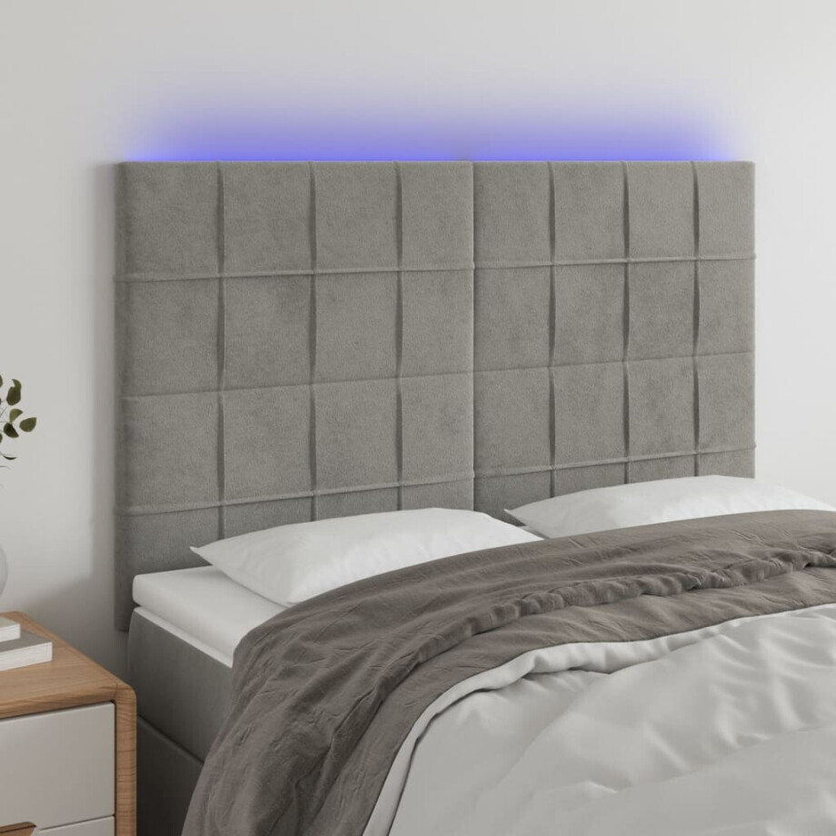 vidaXL Hoofdbord LED 144x5x118/128 cm fluweel lichtgrijs afbeelding 1
