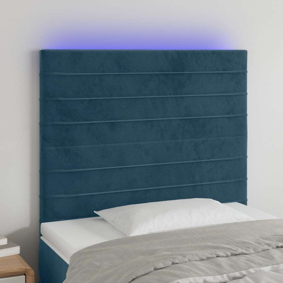 vidaXL Hoofdbord LED 100x5x118/128 cm fluweel donkerblauw afbeelding 1