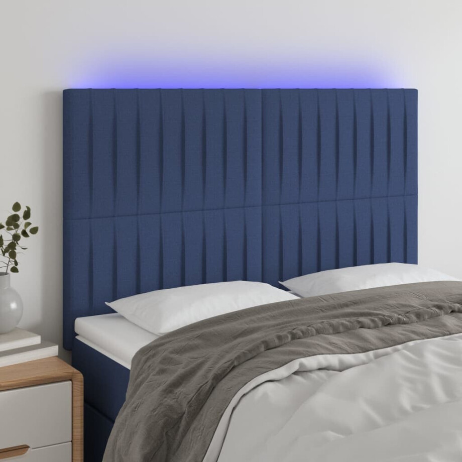 vidaXL Hoofdbord LED 144x5x118/128 cm stof blauw afbeelding 1