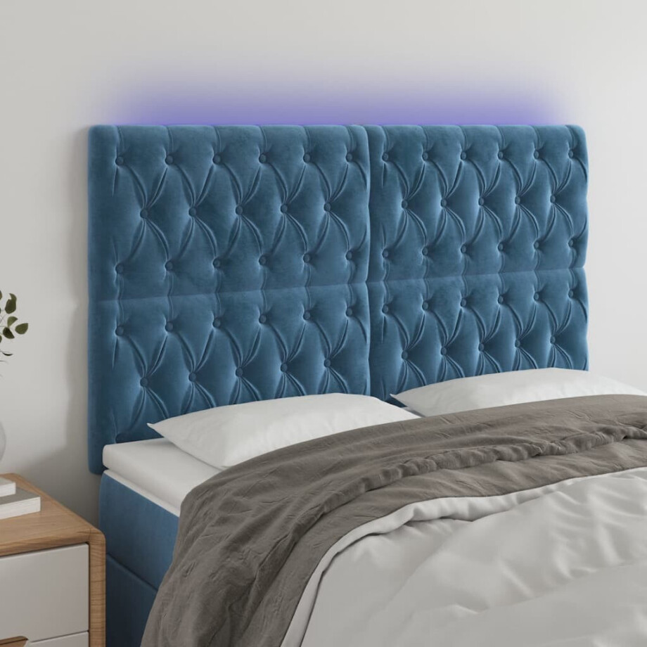 vidaXL Hoofdbord LED 160x7x118/128 cm fluweel donkerblauw afbeelding 1