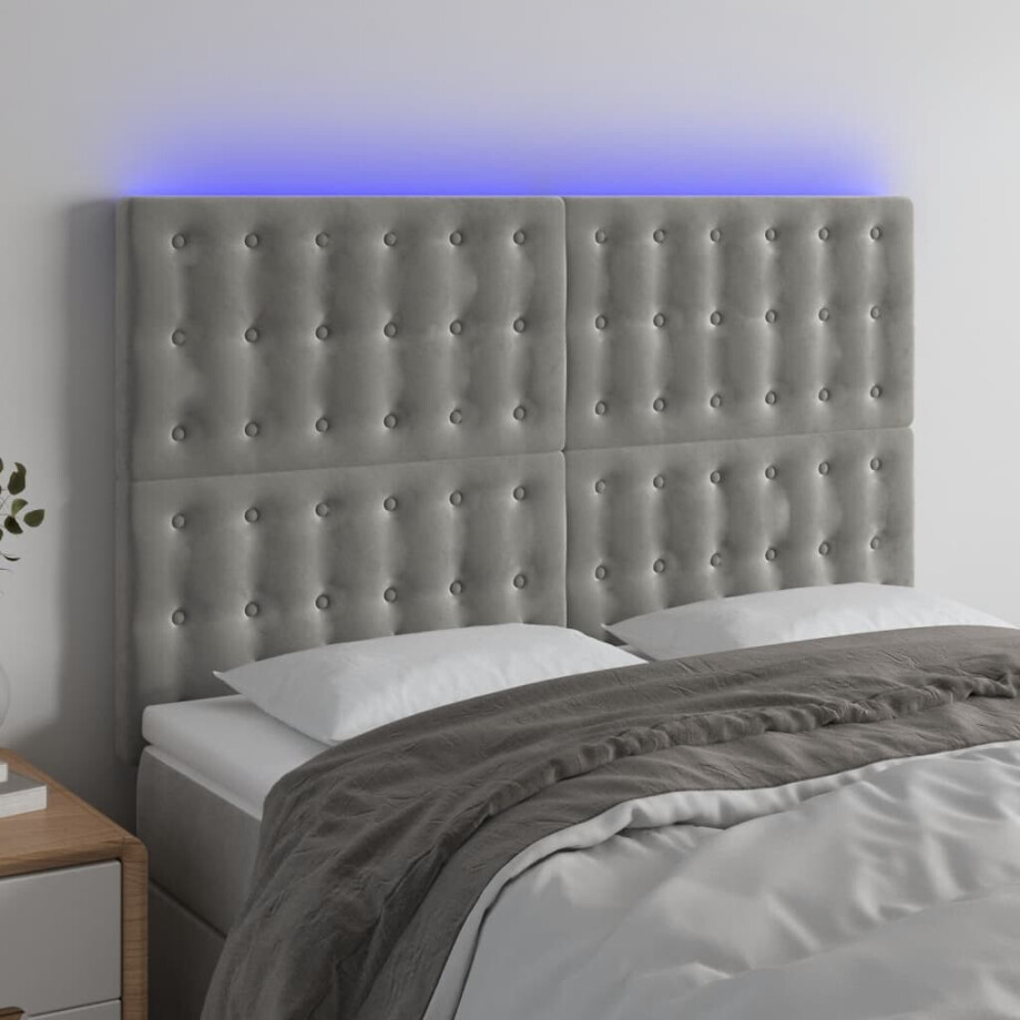 vidaXL Hoofdbord LED 144x5x118/128 cm fluweel lichtgrijs afbeelding 1