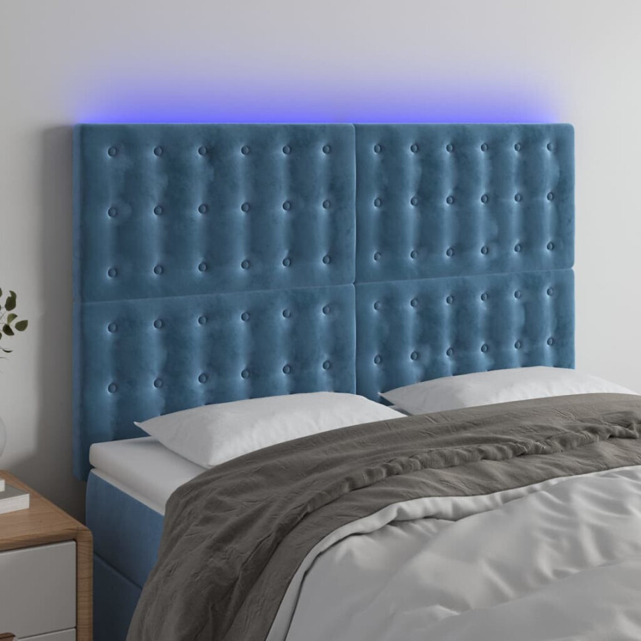 vidaXL Hoofdbord LED 144x5x118/128 cm fluweel donkerblauw afbeelding 1