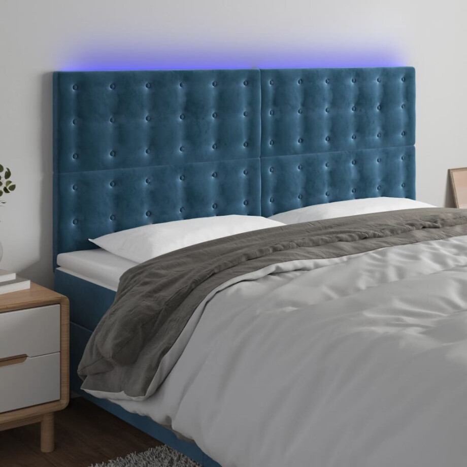 vidaXL Hoofdbord LED 180x5x118/128 cm fluweel donkerblauw afbeelding 1