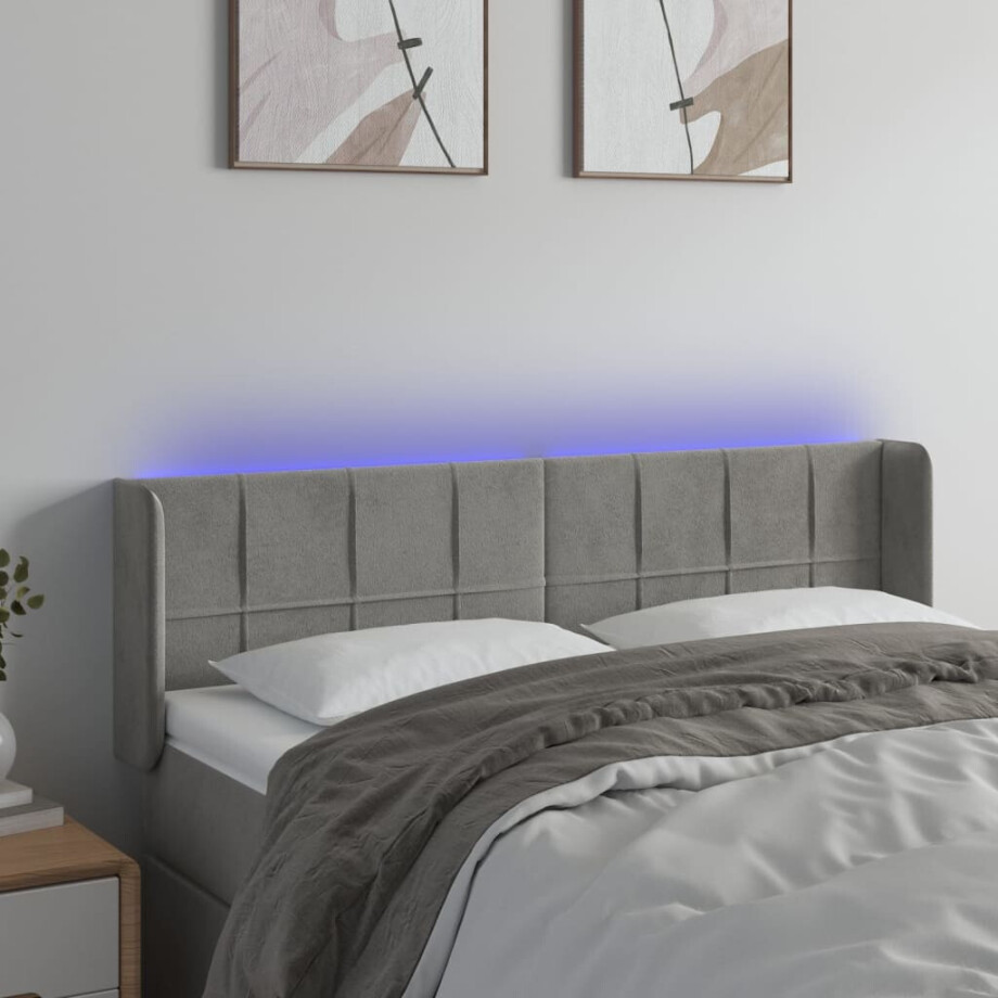 vidaXL Hoofdbord LED 147x16x78/88 cm fluweel lichtgrijs afbeelding 1