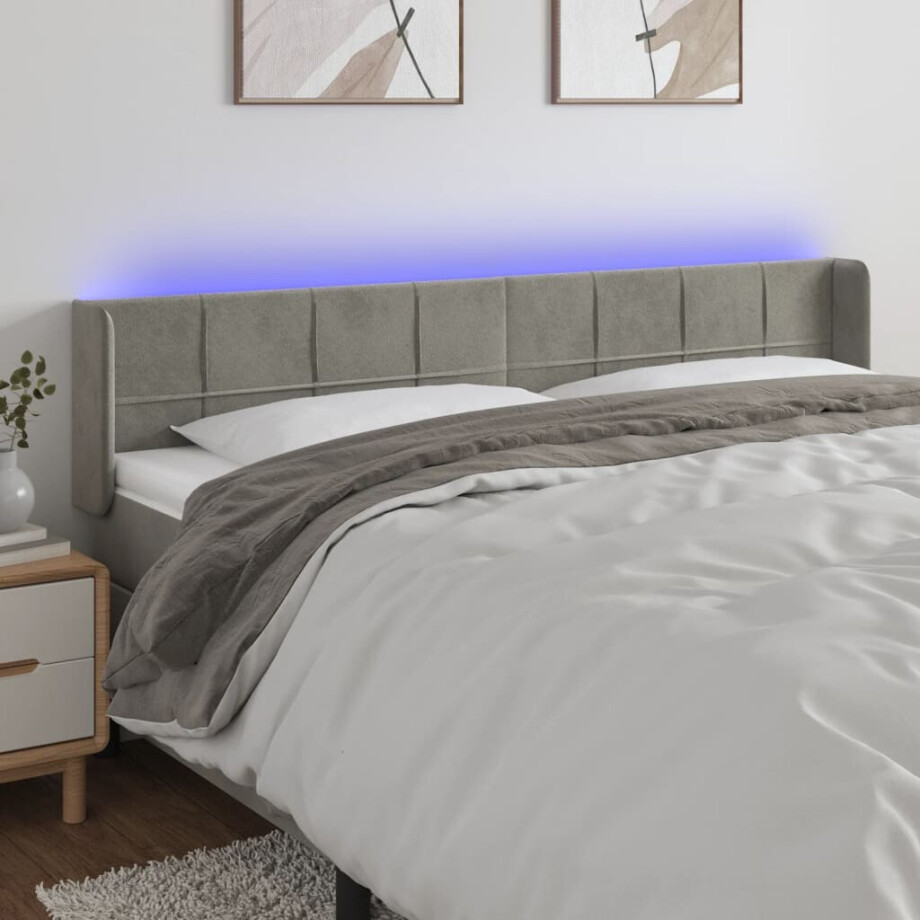 vidaXL Hoofdbord LED 203x16x78/88 cm fluweel lichtgrijs afbeelding 1