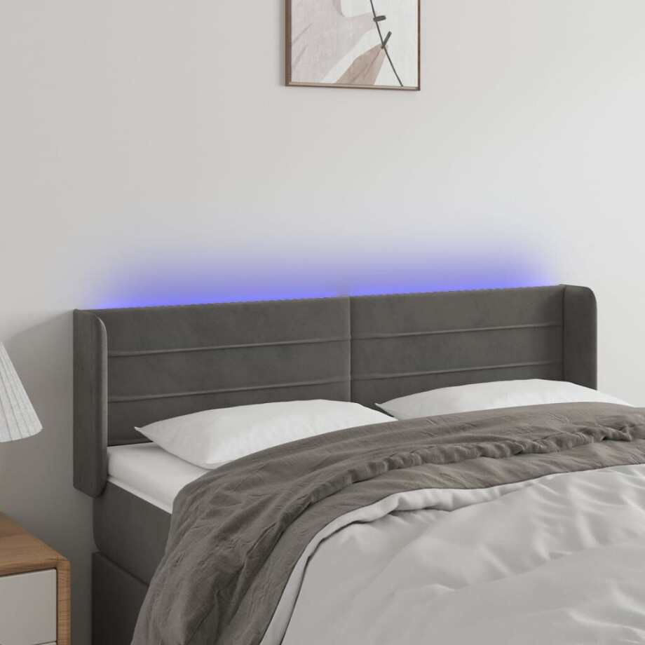 vidaXL Hoofdbord LED 147x16x78/88 cm fluweel donkergrijs afbeelding 1