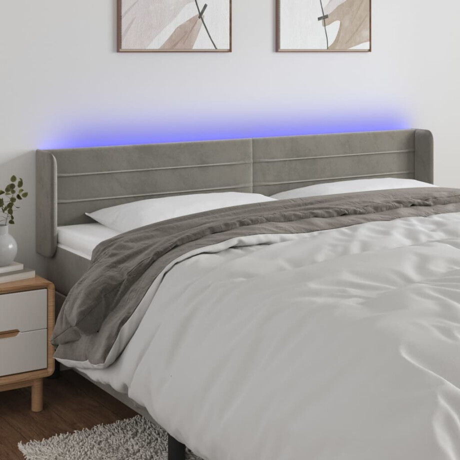 vidaXL Hoofdbord LED 183x16x78/88 cm fluweel lichtgrijs afbeelding 1