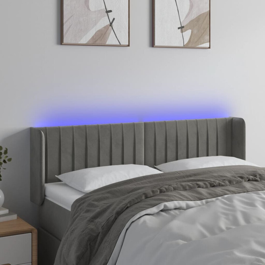 vidaXL Hoofdbord LED 147x16x78/88 cm fluweel lichtgrijs afbeelding 1
