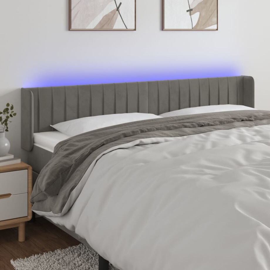 vidaXL Hoofdbord LED 183x16x78/88 cm fluweel lichtgrijs afbeelding 1