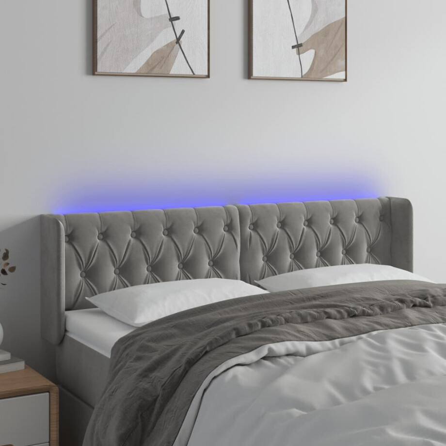 vidaXL Hoofdbord LED 147x16x78/88 cm fluweel lichtgrijs afbeelding 1