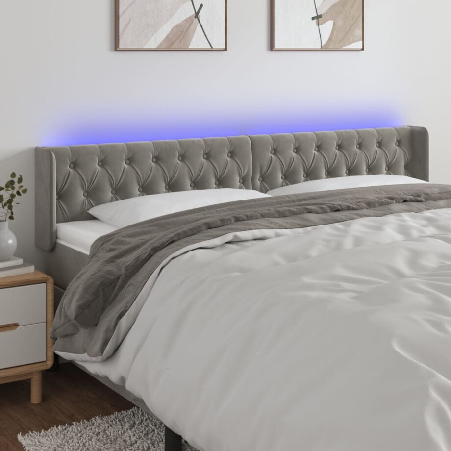 vidaXL Hoofdbord LED 183x16x78/88 cm fluweel lichtgrijs afbeelding 1