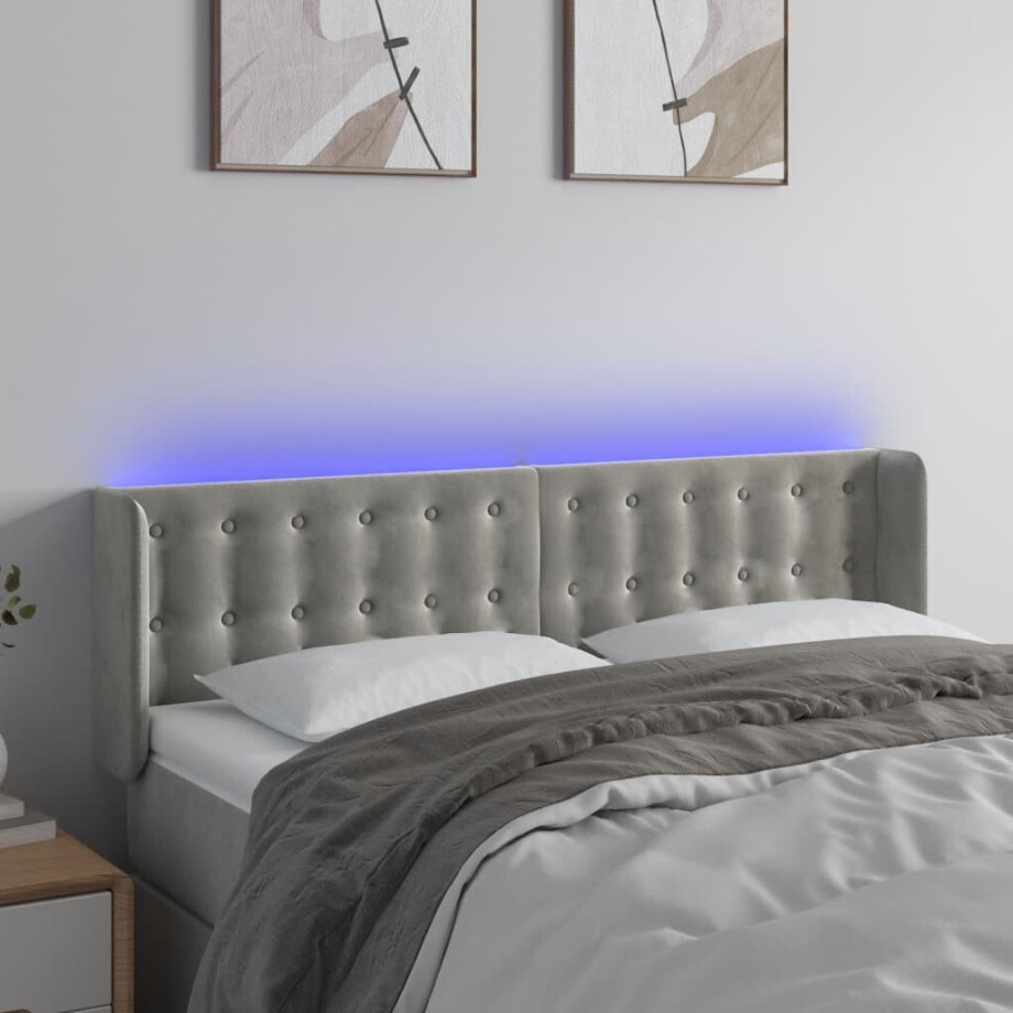 vidaXL Hoofdbord LED 147x16x78/88 cm fluweel lichtgrijs afbeelding 1