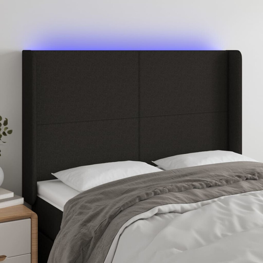 vidaXL Hoofdbord LED 147x16x118/128 cm stof zwart vidaXL Hoofdbord LED 147x16x118/128 cm stof zwart afbeelding 1