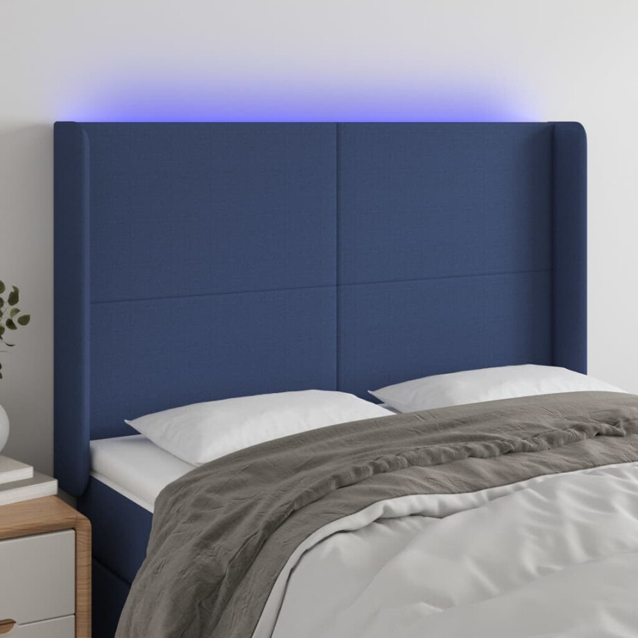 vidaXL Hoofdbord LED 147x16x118/128 cm stof blauw afbeelding 1