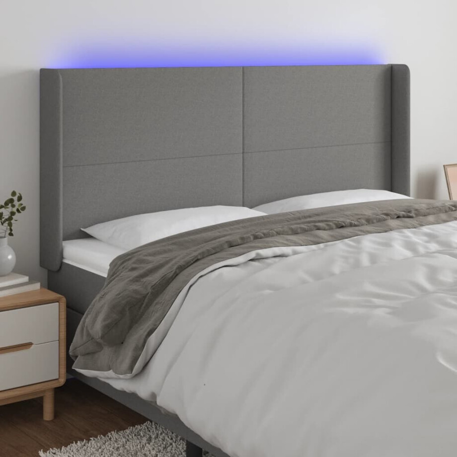 vidaXL Hoofdbord LED 203x16x118/128 cm stof donkergrijs vidaXL Hoofdbord LED 203x16x118/128 cm stof donkergrijs afbeelding 1