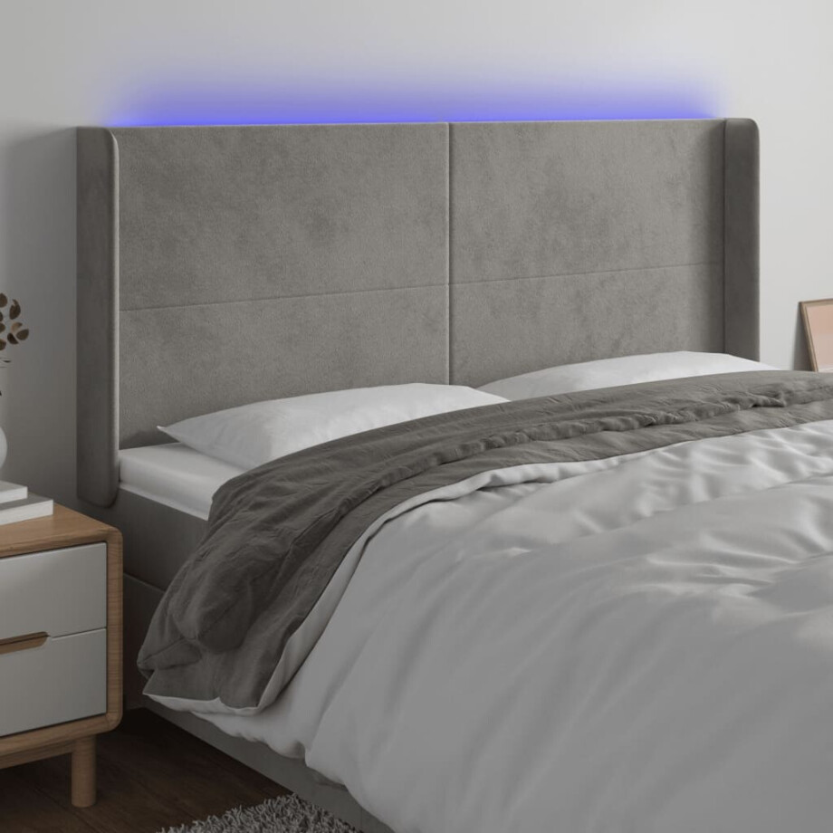 vidaXL Hoofdbord LED 163x16x118/128 cm fluweel lichtgrijs afbeelding 1